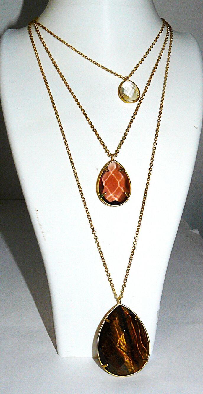 Chloe + Isabel 3 Layer Gold-Tone Necklace Tigers Eye Clear Orange Pendants 8 way